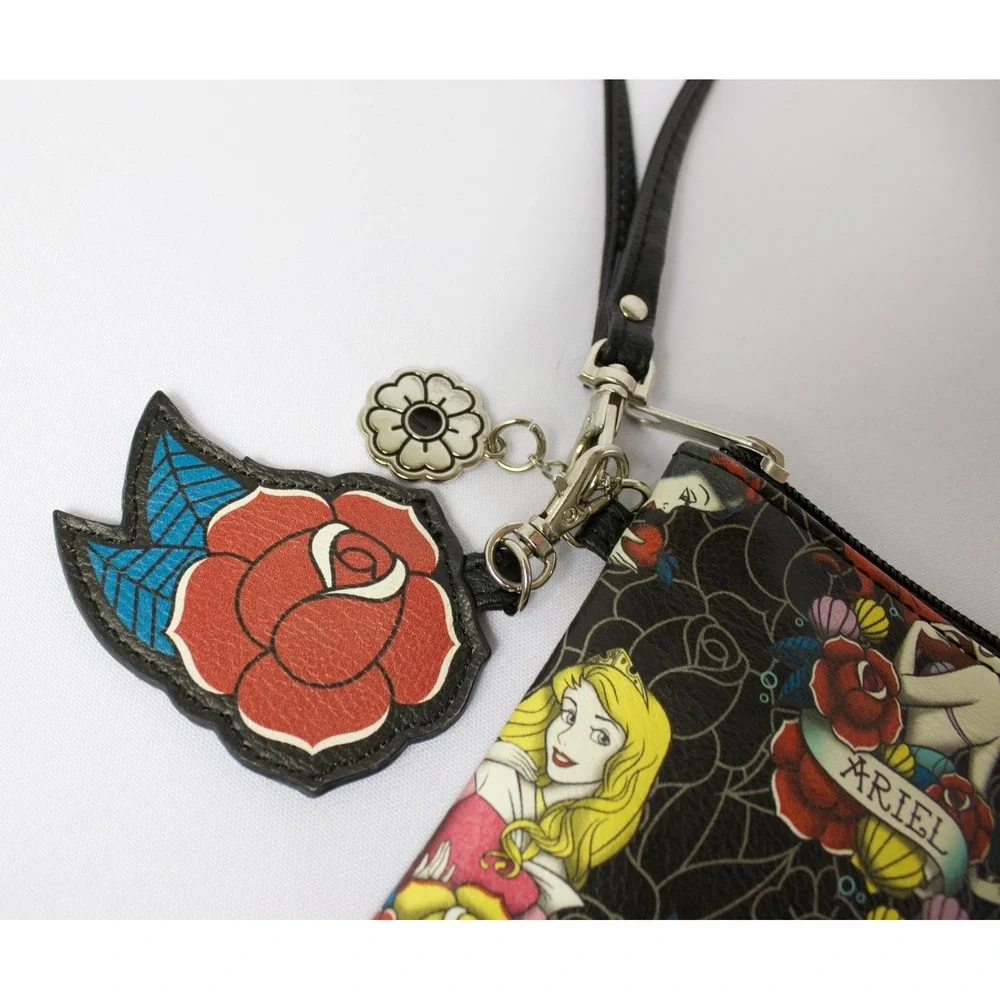 Disney Princess Loungefly Tattoo Print Black Wristlet Zipper‎ Bag with Keychain